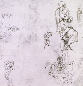 Bocetos de desnudos masculinos, una madonna y un niño y un emblema decorativo